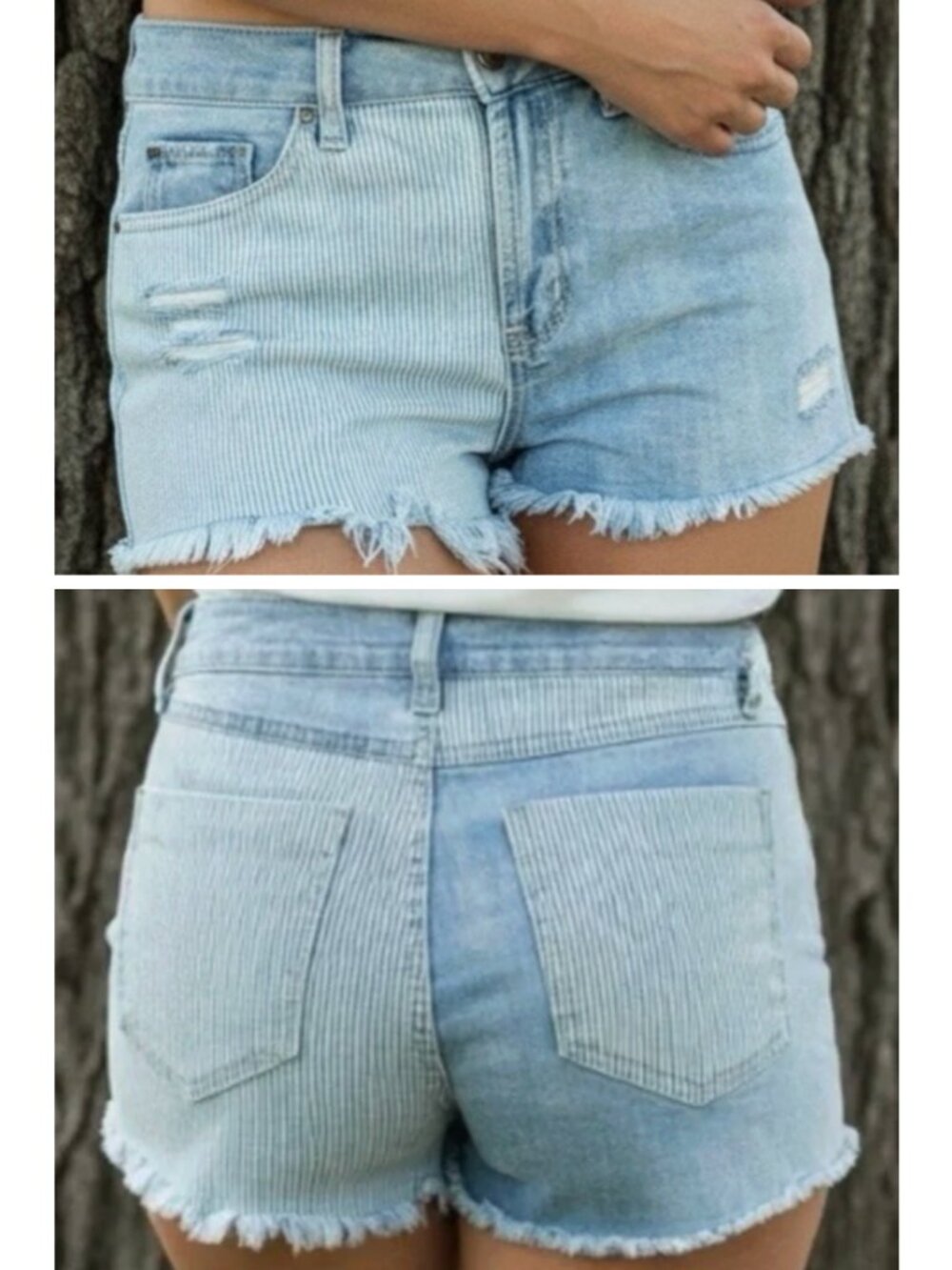 REWASH Light Wash Railroad Stripe Patchwork High Waisted Denim Jean Shorts 13 31